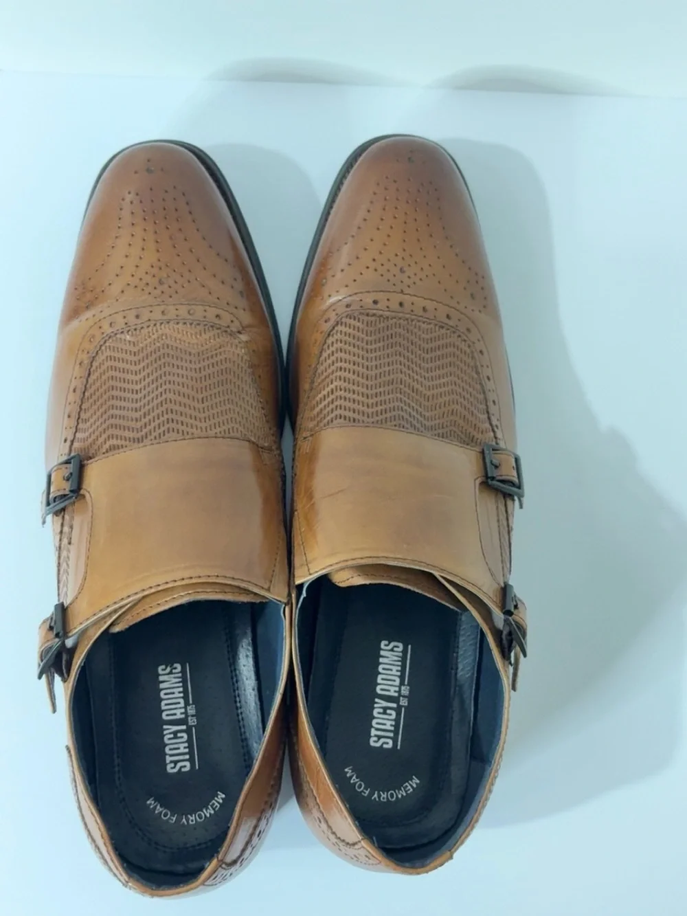 Stacy Adams Memory Foam Tan Double Monk Strap Brogue Dress Shoes Size 12M